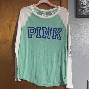 PINK Victoria's Secret Green and White Long Sleeve Tee